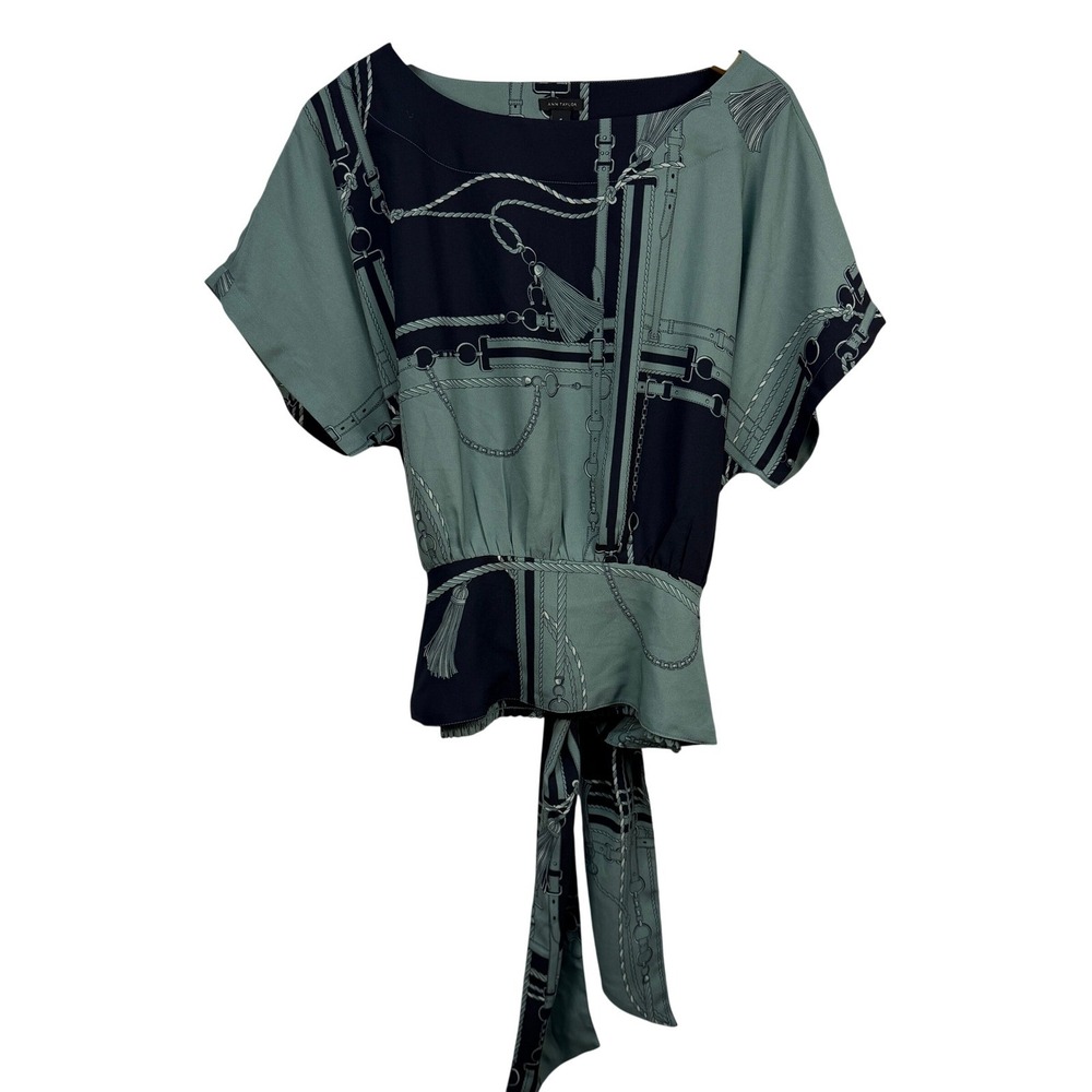 Ann Taylor NWT Kimono Surplice Tie Peplum Career Blouse Green/blue Medium - Picture 2 of 14